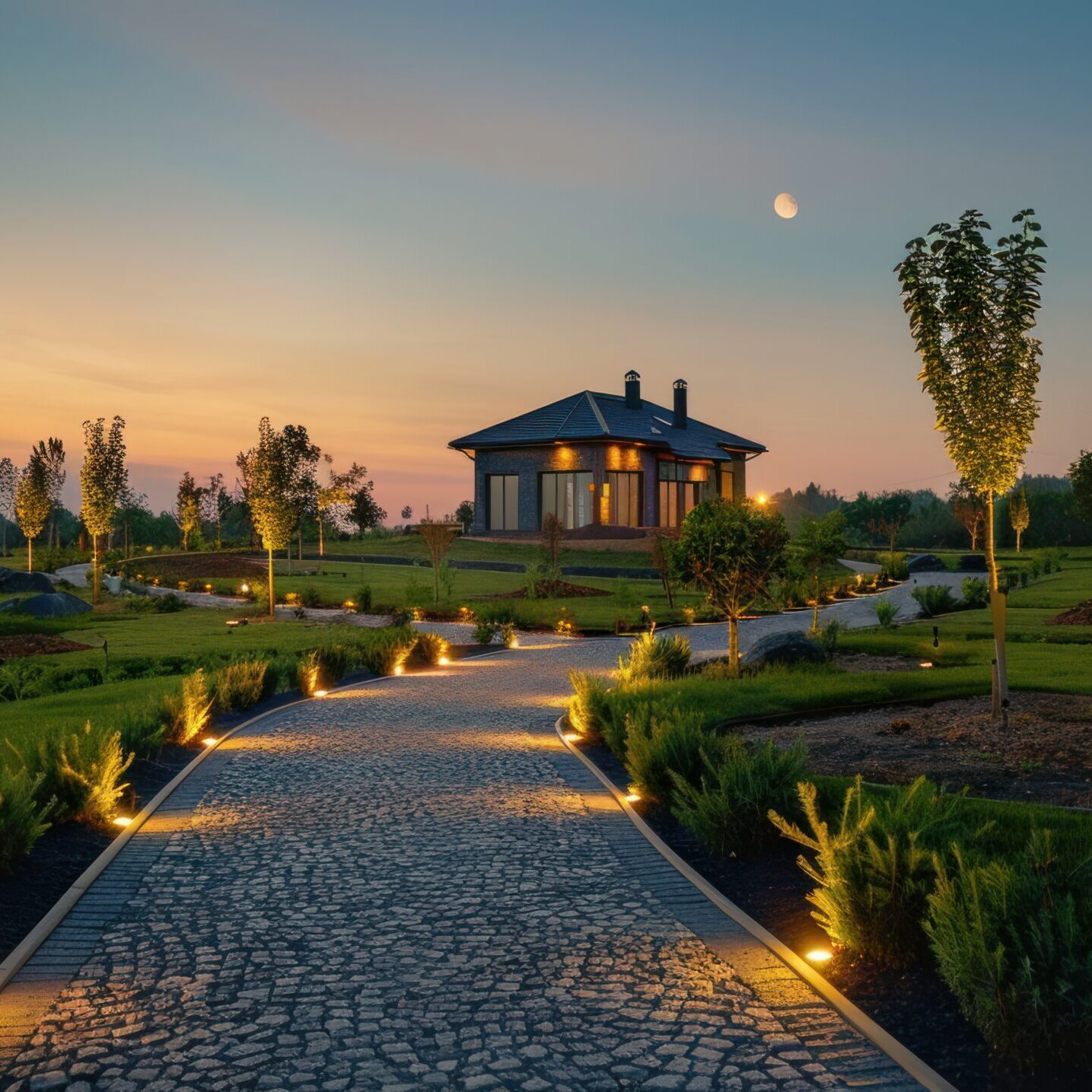 Beautiful background of a country plot with landscape design and Beautiful background of a country plot with landscape design and night lighting.
