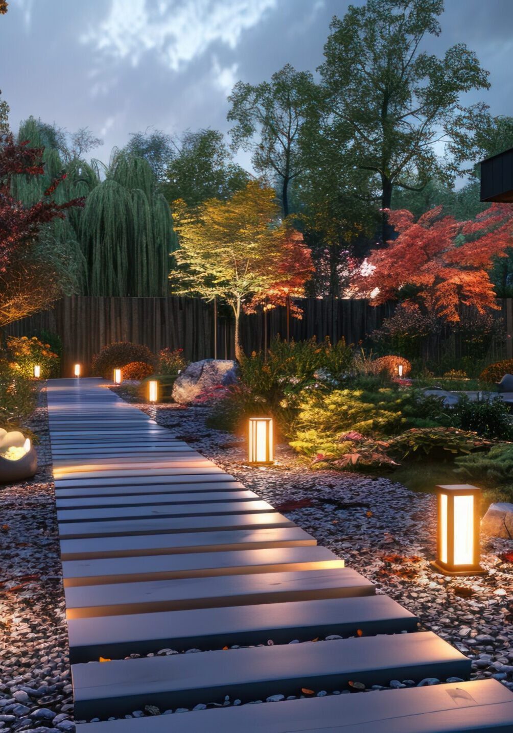 Beautiful background of a country plot with landscape design and Beautiful background of a country plot with landscape design and night lighting.