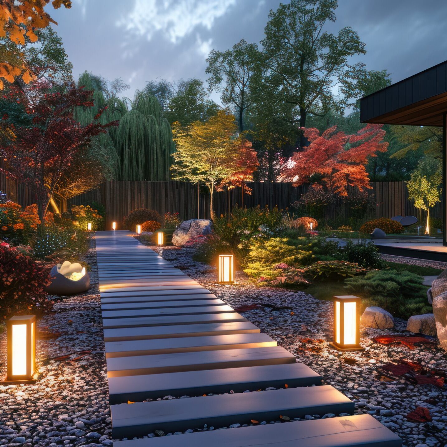Beautiful background of a country plot with landscape design and Beautiful background of a country plot with landscape design and night lighting.